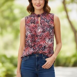 Adrienne Vittadini Sleeveless Floral Blouse - Black and Pink